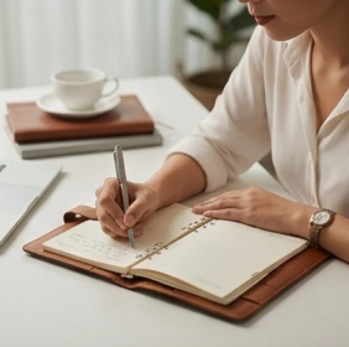 Người phụ nữ đang điền vào sổ tay kế hoạch cá nhân để tự cân bằng cảm xúc