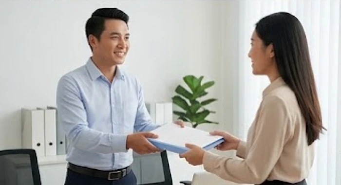 Một người quản lý đang mỉm cười trao tập hồ sơ dự án cho nhân viên thay vì chỉ đạo trực tiếp trên máy tính