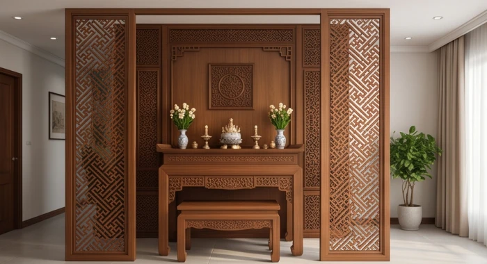 Bàn thờ gia tiên bằng gỗ trang nghiêm được che chắn bởi vách ngăn CNC sát trần