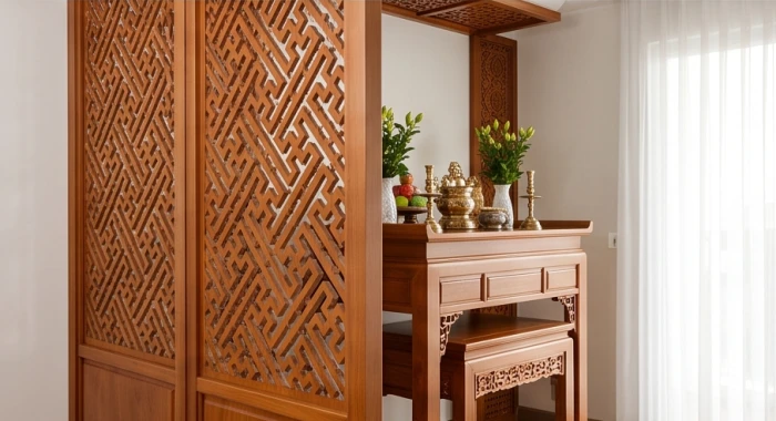 Vách ngăn gỗ CNC chạm khắc họa tiết hoa sen đặt phía trước bàn thờ cản sát khí trực diện