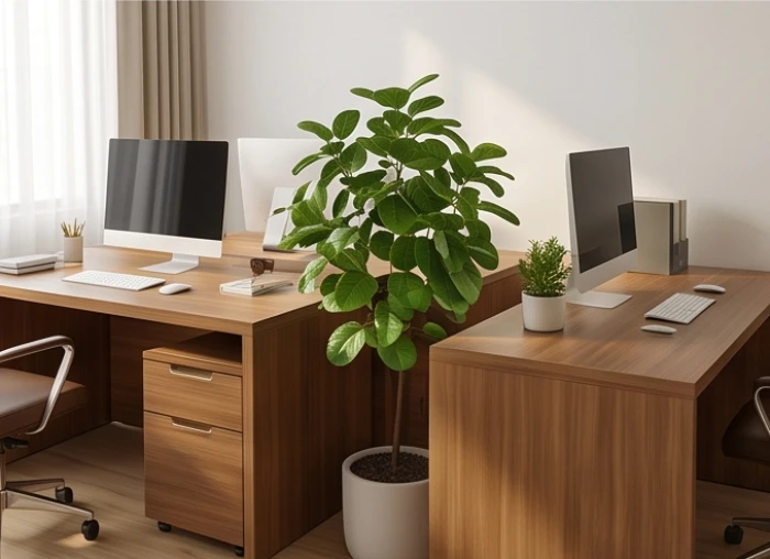 Bàn làm việc xếp hình chữ l có đặt cây xanh lá tròn làm vách ngăn hòa hoãn không gian cho người tuổi quý mão
