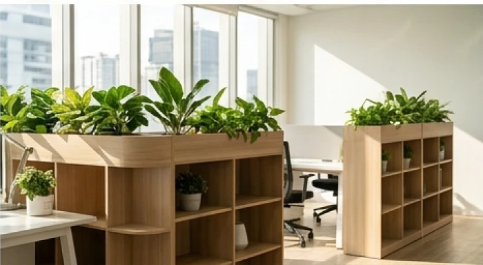 Kệ vách ngăn bằng kính mờ và chậu cây xanh tươi tốt được bố trí tinh tế giữa hai khu vực làm việc