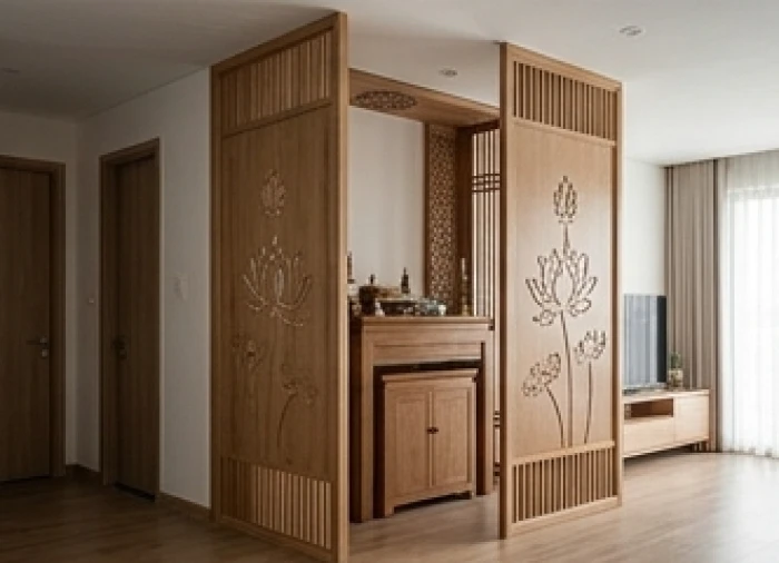 Hệ vách ngăn CNC hoa văn sen trang nhã bao bọc xung quanh tủ thờ giúp phân tán luồng khí xấu thẳng từ ngoài vào