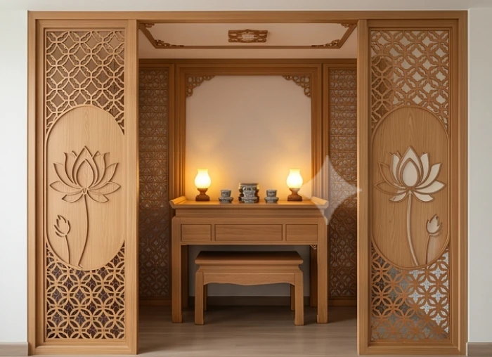 Bàn thờ chung cư được bao bọc bởi vách ngăn CNC họa tiết hoa sen trang nhã hai bên hông