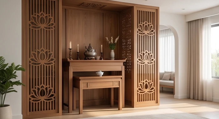 Bàn thờ gỗ trang nghiêm được che chắn cẩn thận bởi hệ thống vách ngăn cắt khắc hoa văn