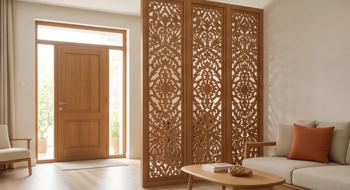 Vách ngăn gỗ CNC tinh tế được đặt ngay sau cửa chính để phân tán luồng khí xấu