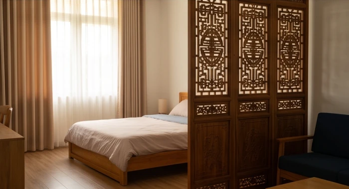 Vách ngăn bằng gỗ tự nhiên được sử dụng để tạo không gian nghỉ ngơi riêng tư cho người lớn tuổi