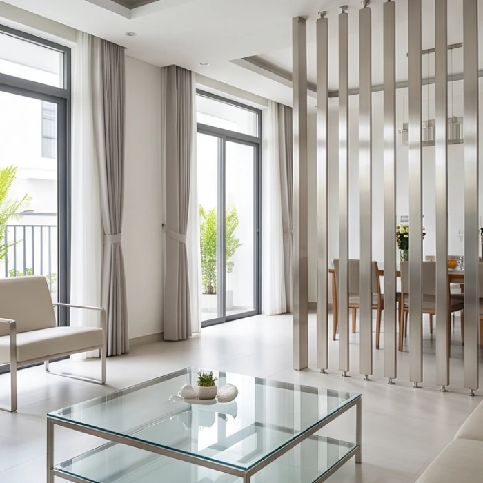 Vách ngăn trang trí bằng inox sáng bóng cùng bàn kính cường lực trong gian phòng khách ánh sáng tràn ngập
