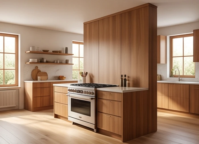 Vách ngăn gỗ kiên cố lắp đặt phía sau vị trí bếp nấu giúp ổn định trường khí và tạo sự vững chãi