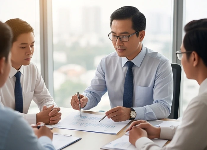 Người quản lý tài chính điềm tĩnh phân tích báo cáo tiến độ để ổn định định hướng cho toàn đội ngũ