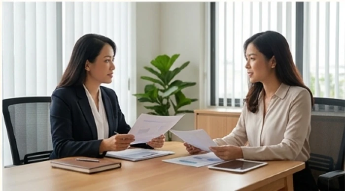 Nữ quản lý bính dần thảo luận công việc cùng cấp dưới để phân quyền nhiệm vụ và bảo vệ sức khỏe tuổi trung niên