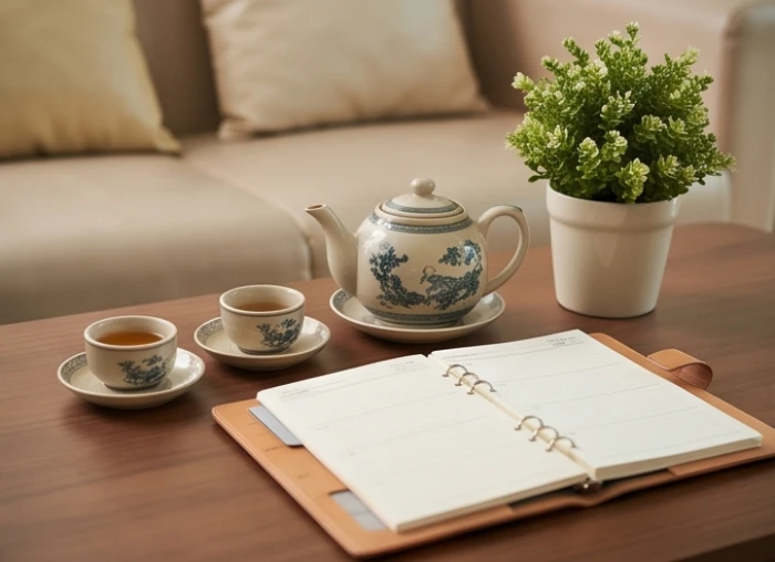 Bộ ấm trà gốm sứ truyền thống đặt trên bàn phòng khách cùng cuốn sổ tay lên kế hoạch chi tiêu cho tử vi tuổi hợi năm 2026