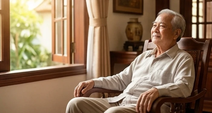 Cụ ông tuổi Đinh Hợi ngồi thiền định nhẹ nhàng trong phòng khách trang nghiêm để tĩnh tâm năm Ất Tỵ 2025