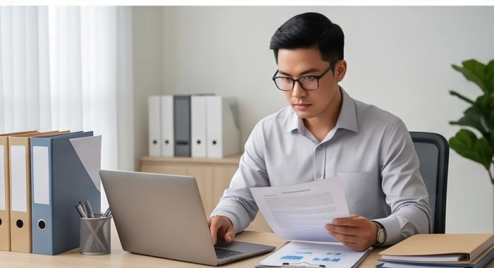 Người trẻ tuổi tập trung nghiên cứu tài liệu và hoàn thiện hồ sơ thủ tục công việc đúng hạn