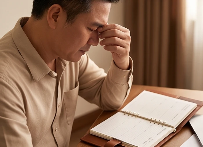 Người đàn ông trung niên xoa trán đầy vẻ suy tư bên cạnh cuốn sổ tay kế hoạch tài chính.