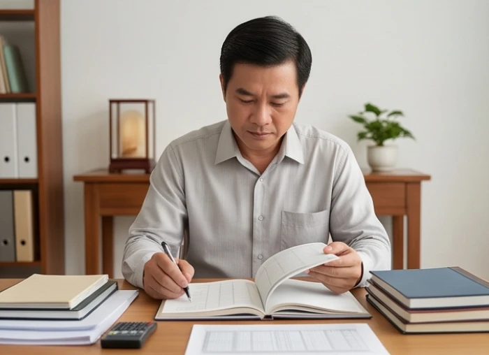 Người nam giới thận trọng quản lý sổ sách và tài chính cá nhân trong các năm hạn tuổi trung niên