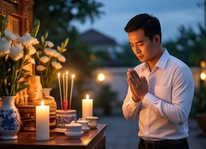 Nam giới người Việt mặc trang phục lịch sự thành tâm chắp tay khấn nguyện trước bàn lễ hướng Bắc