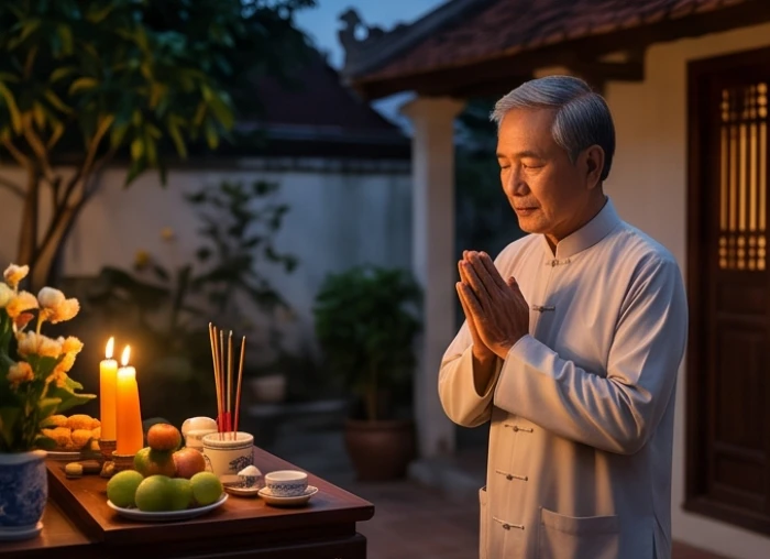 Gia chủ thành kính chắp tay đọc bài khấn cúng sao giải hạn ngoài hiên nhà hướng chính Nam