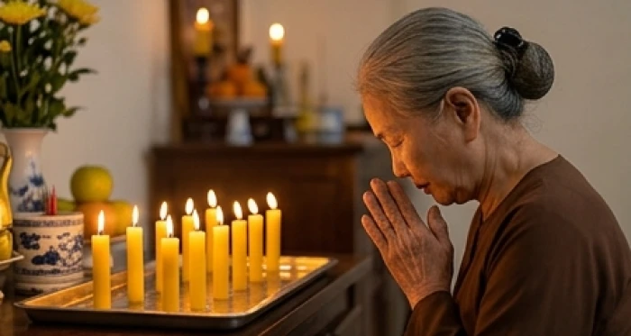Cụ bà tuổi Kỷ Sửu chắp tay thành kính khấn vái trước mâm lễ cúng sao La Hầu với 9 ngọn nến lung linh