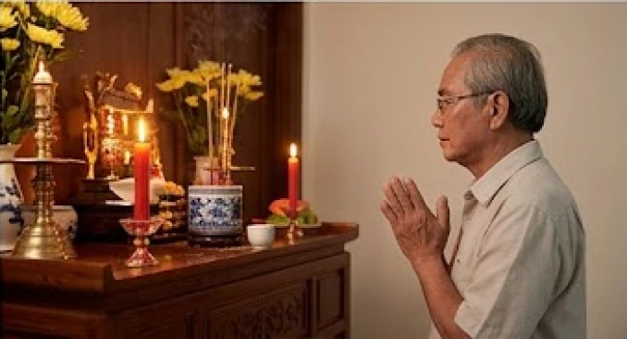 Gia chủ nam mạng Nhâm Thìn thành kính chắp tay hành lễ và đọc văn khấn trước mâm cúng sao Thái Bạch