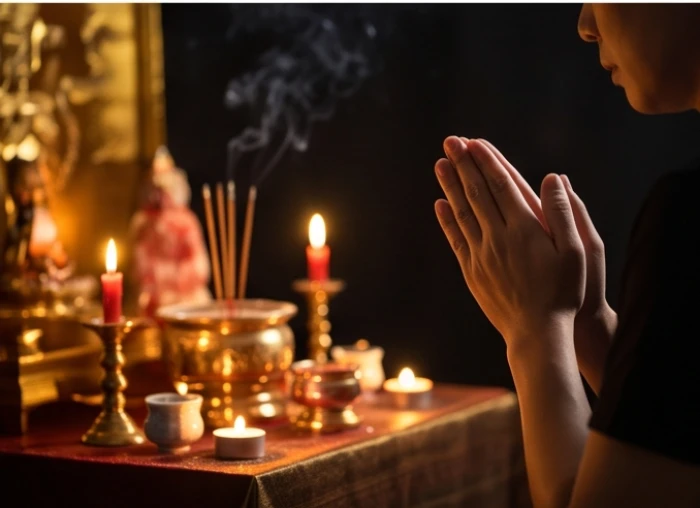 Gia chủ đang chắp tay thành kính đọc bài văn khấn trước mâm cúng sáng rực ánh nến vàng