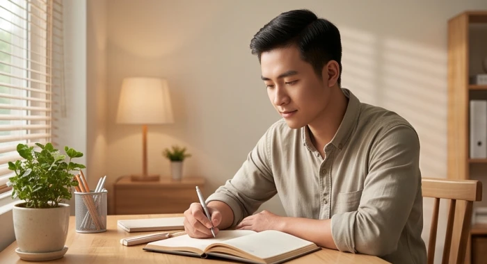 Người nam tuổi quý dậu suy ngẫm về định hướng sự nghiệp và trải nghiệm cuộc sống trong phòng làm việc