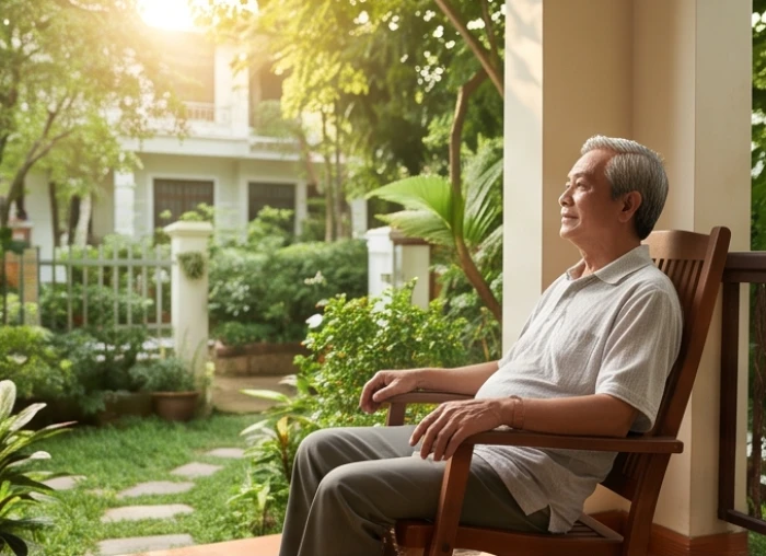 Người cao tuổi Mậu Tuất 1958 thư thái ngắm nhìn khu vườn cây xanh sau nhiều năm tích lũy tài sản