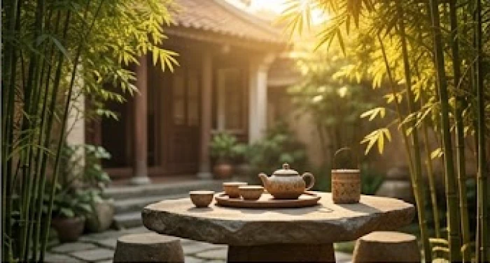 Góc sân vườn nhà cổ bình yên với khay trà gốm sứ tượng trưng cho sự ổn định của vận niên Thử quy điền