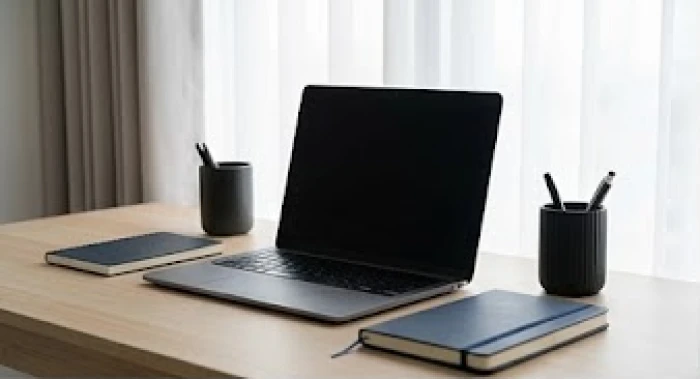 Góc làm việc hiện đại của người tuổi Giáp Thân được trang trí bằng các vật dụng tông màu đen và xanh dương đậm