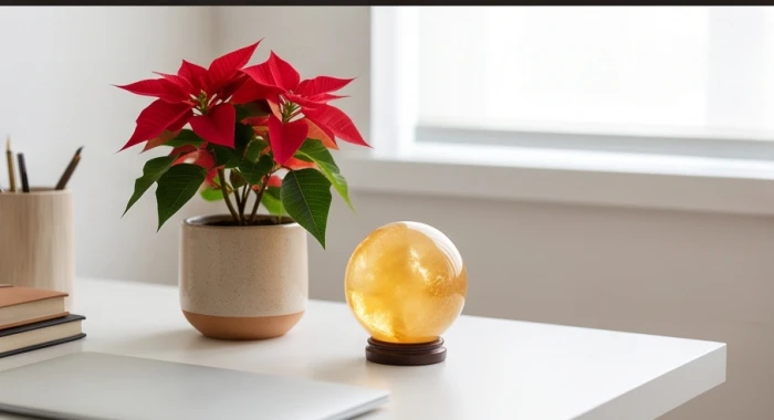 Bàn làm việc tối giản trang trí bằng chậu cây Trạng Nguyên nhỏ và quả cầu Thạch anh vàng lấp lánh