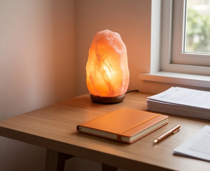 Đèn đá muối phát sáng ấm áp đặt tại góc Tây Nam bàn làm việc bổ sung hành Hỏa cho tuổi Kỷ Mão