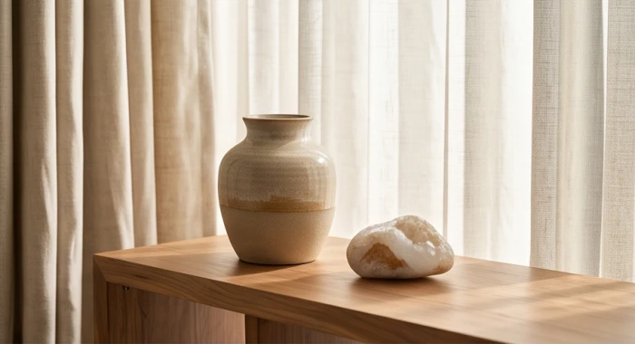 Bình gốm sứ trang trí và đá tự nhiên hành thổ đặt tại phòng khách giúp điều hòa khí trường cho nữ sinh năm 1964