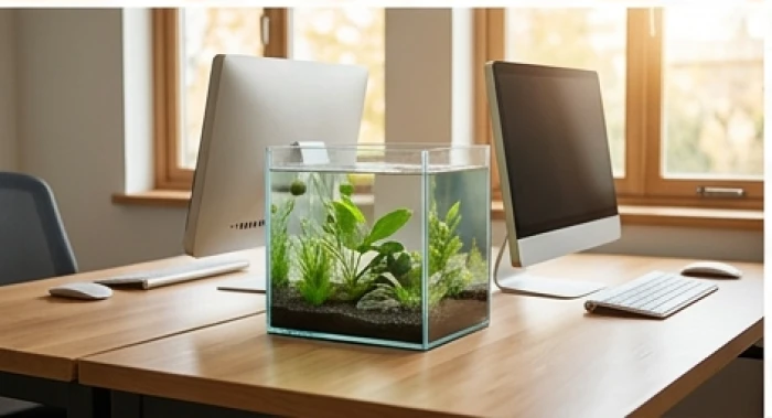 Bể cá thủy sinh mini đặt giữa bàn làm việc chung giúp chuyển hóa năng lượng xung khắc thành tương sinh