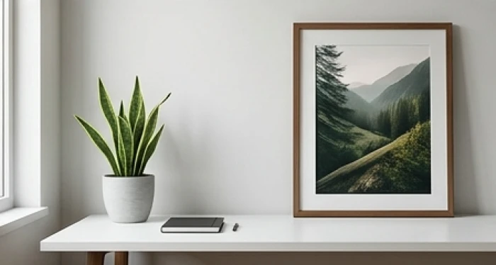 Chậu cây Lưỡi Hổ nhỏ và bức tranh phong cảnh thiên nhiên giúp hóa giải góc ngồi kỵ phong thủy