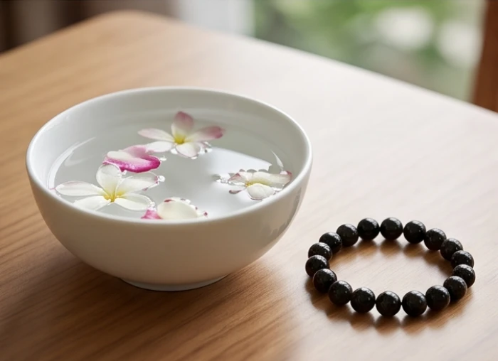 Bát nước sạch thả hoa và trang sức đá thạch anh đen giúp điều hòa sinh khí cho tuổi Ất Sửu 1985