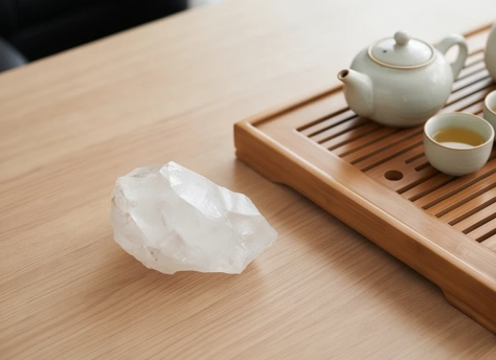 Khối thạch anh trắng tinh khiết đặt trang trọng cạnh bộ ấm trà trên bàn làm việc nhằm hóa giải xung khắc và điều hòa sinh khí