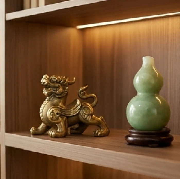 Tượng linh vật Tỳ Hưu và hồ lô phong thủy bày trí trang trọng trên bàn làm việc hỗ trợ hóa giải xung khắc