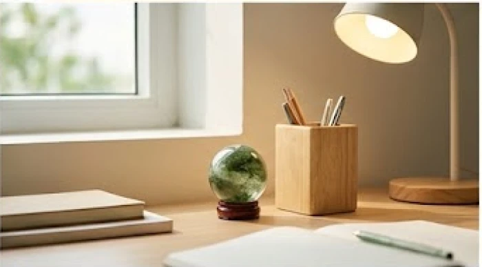 Đèn bàn ánh sáng vàng cùng quả cầu thạch anh xanh rêu và chậu cây mini được sắp xếp trên bàn học
