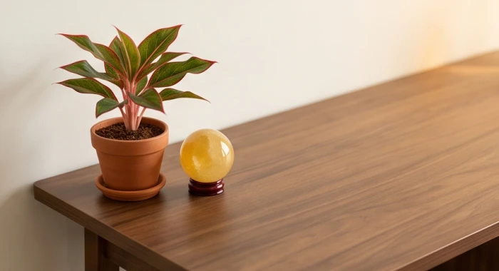 Quả cầu thạch anh vàng và chậu vạn lộc lá hồng đặt gọn gàng trên góc bàn làm việc hợp mệnh Thổ 1999