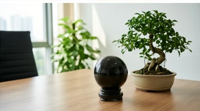 Quả cầu thạch anh đen đặt giữa bàn làm việc chung cùng cây xanh thủy tùng hỗ trợ dung hòa năng lượng kim mộc