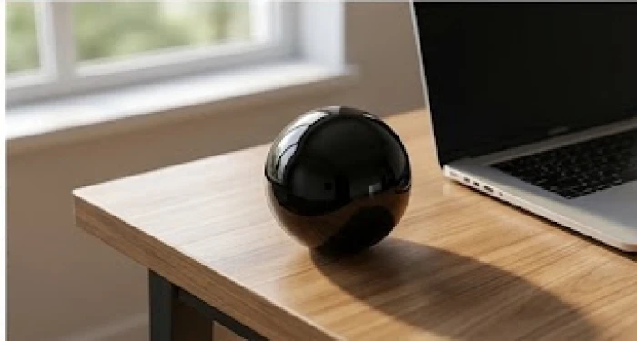 Quả cầu thạch anh đen đặt trang trọng trên góc bàn làm việc để hóa giải luồng sát khí