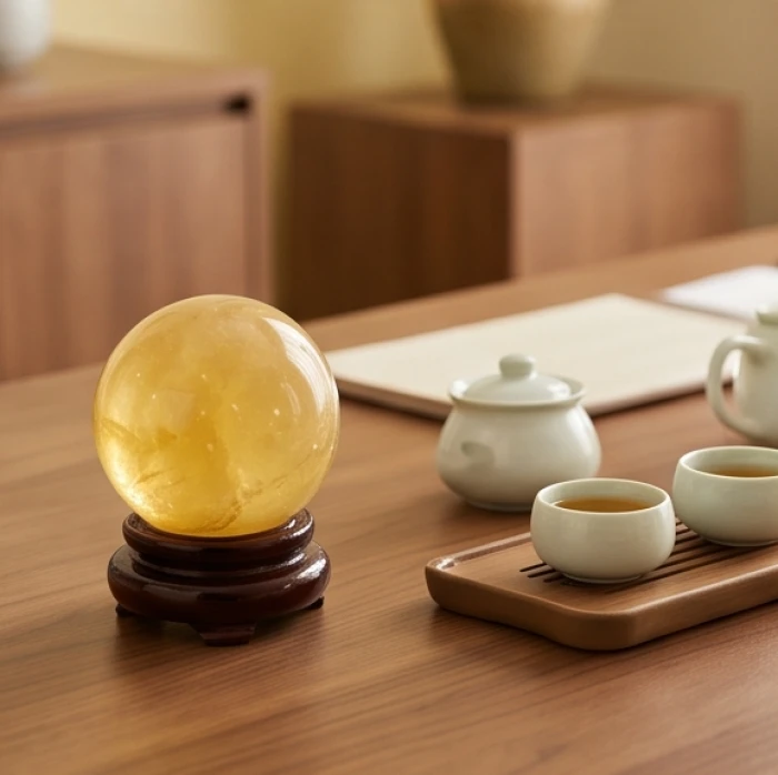 Quả cầu thạch anh vàng đá ngọc hoàng long đặt trang trọng trên bàn làm việc giúp cân bằng năng lượng