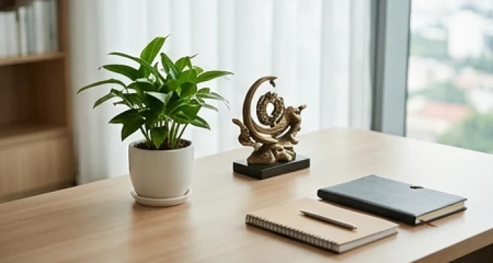 Bàn làm việc giám đốc bày trí chậu cây cảnh xanh tốt và tượng linh vật phong thủy trung gian hóa giải xung khắc