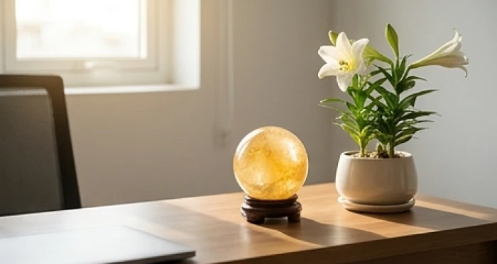 Bàn làm việc gọn gàng bố trí quả cầu thạch anh vàng và chậu cây sứ trắng hợp mệnh Kiếm Phong Kim