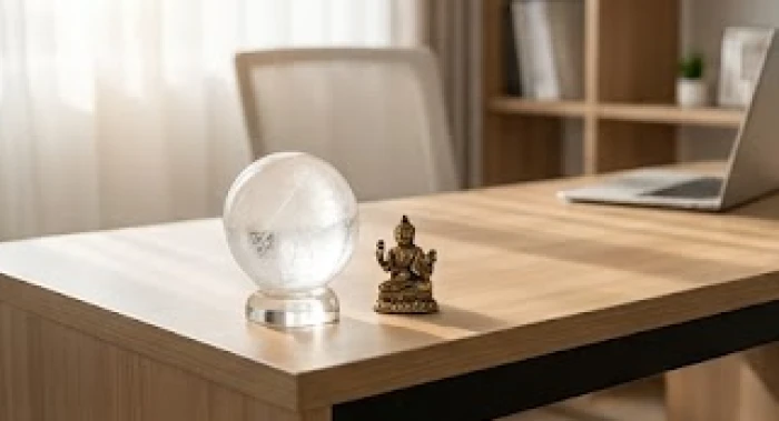 Quả cầu pha lê trắng cùng tỳ hưu kim loại đặt bên góc trái bàn làm việc giúp kích hoạt năng lượng hành Kim