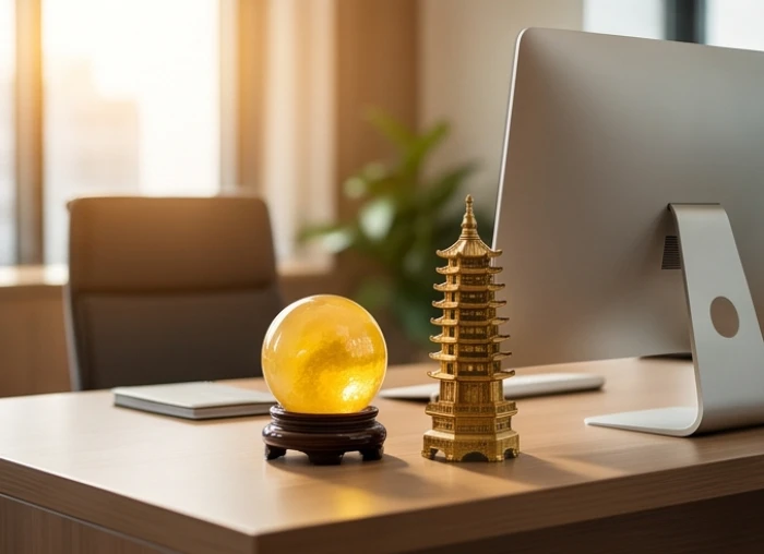 Bàn làm việc văn phòng sắp xếp quả cầu thạch anh vàng và tháp văn xương bằng đồng hợp phong thủy cho tuổi Thìn