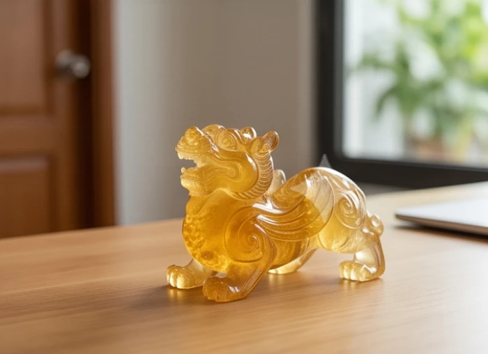 Tỳ Hưu bằng đá thạch anh vàng đặt ngay ngắn trên bàn làm việc hướng ra cửa chính để chiêu tài