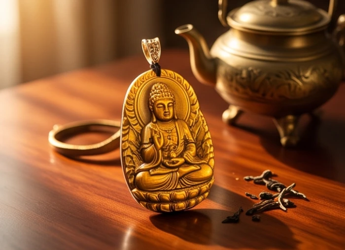 Mặt dây chuyền Phật bản mệnh Đại Thế Chí Bồ Tát bằng đá mắt hổ vàng nâu đặt trên bàn làm việc gỗ