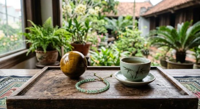 Quả cầu đá mắt hổ vàng sậm và vòng tay thạch anh phong thủy chế tác tinh xảo được đặt trang nhã trên khay trà gỗ
