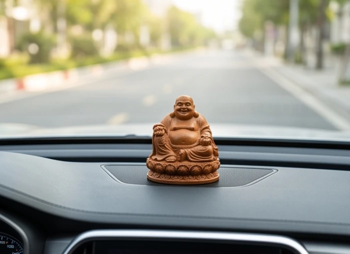 Tượng phật bằng gỗ tự nhiên nhỏ gọn đặt ngay ngắn trên taplo xe ô tô hỗ trợ cân bằng ngũ hành